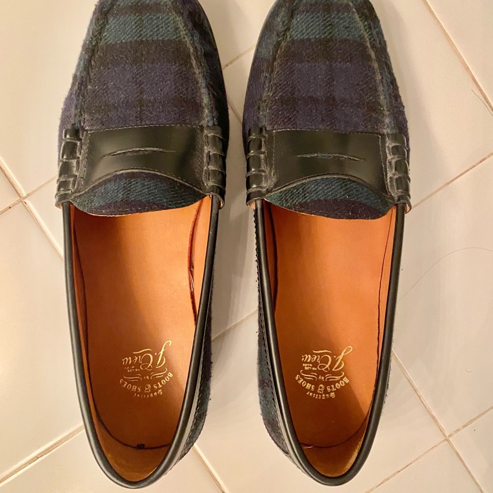 J Crew Men’s Black watch-plaid loafers size 10.5